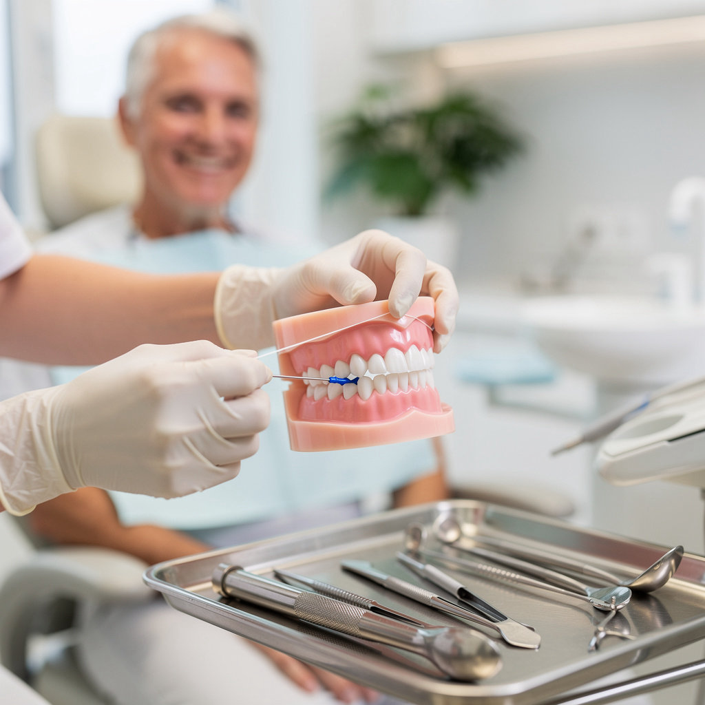 Dr. Sean S. Kashfi, DDS demonstrates proper flossing technique for healthy gums in Santa Barbara